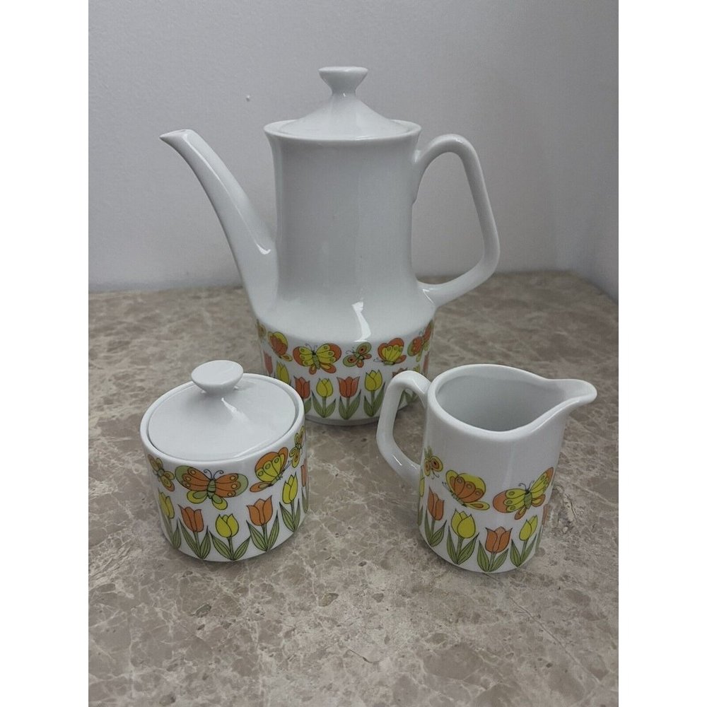 Vintage Trimont Ware Mod tulip & butterfly  tea Service Coffee set 60’s Japan